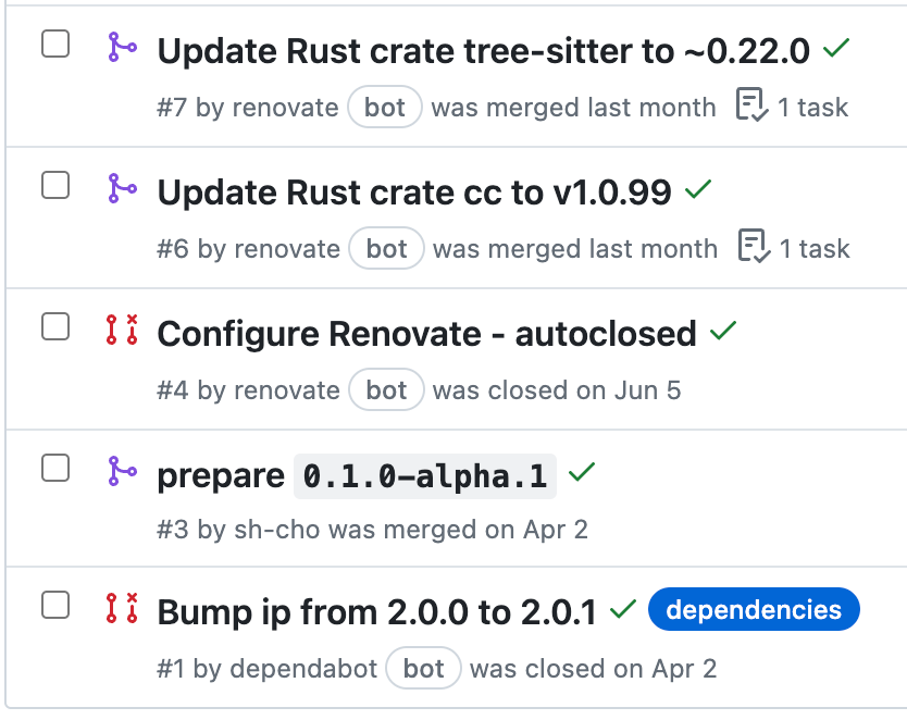 dependabot과 renovate bot이 생성한 PR 예시