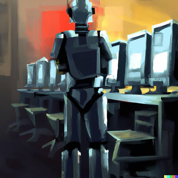 Illustration of cyberpunk style robot manager standing in front of several computers. Oil painting style.